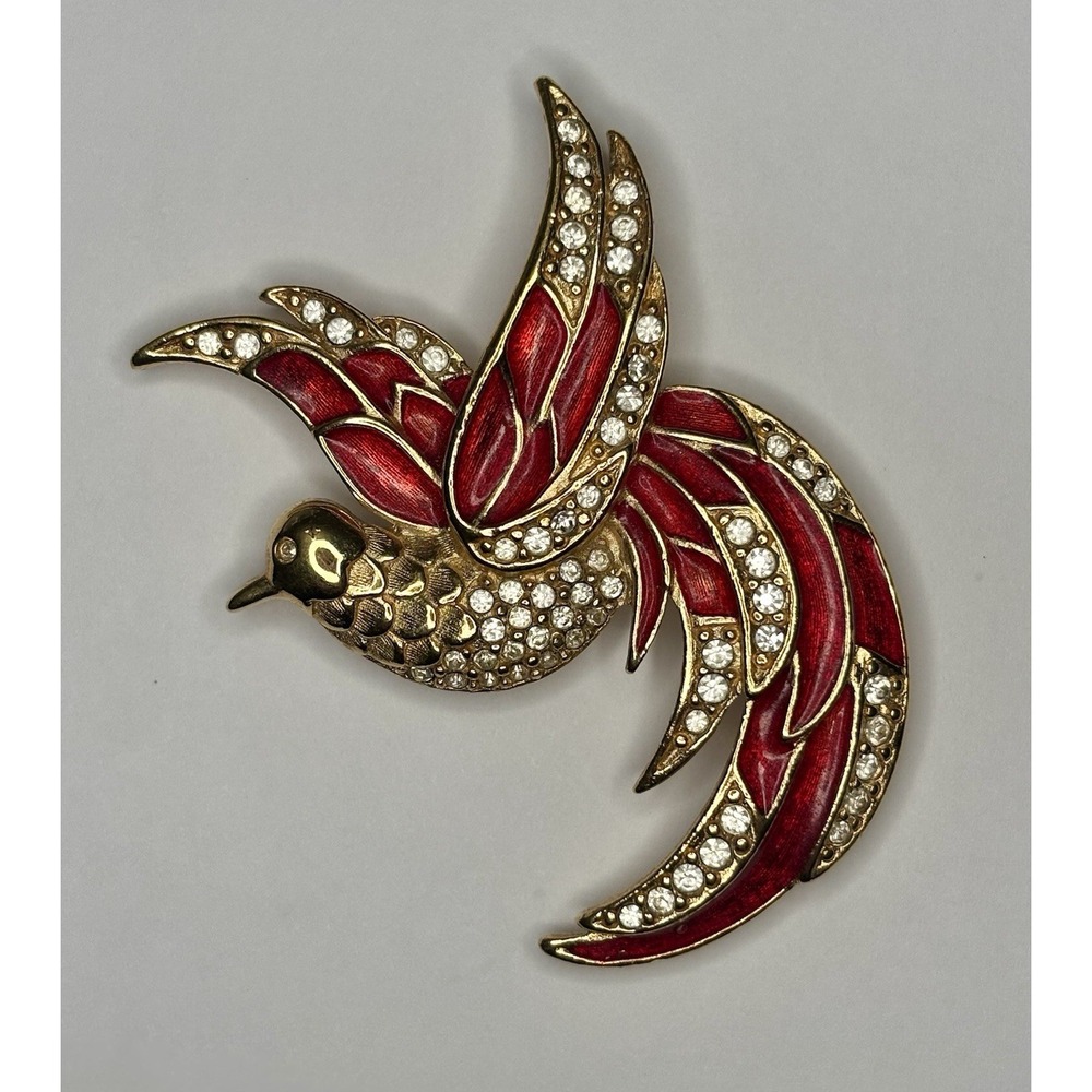 Vintage GIORGIO Large Bird Brooch Red Enamel Rhinestone Gold Tone Signed Pin